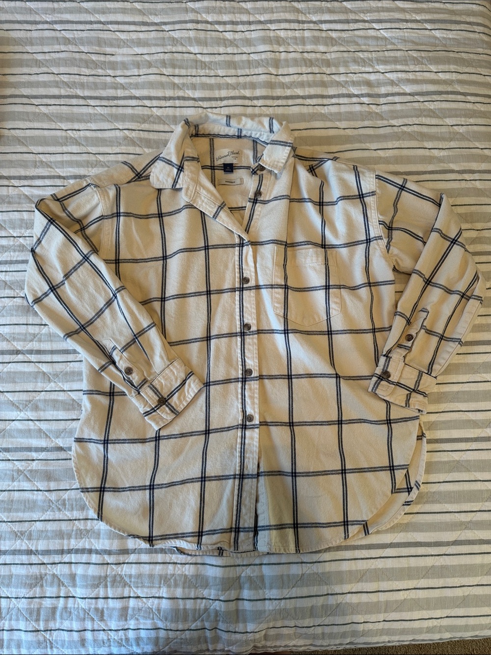 Universal Thread Cream Button-Down Shirt with Navy Windowpane Plaid